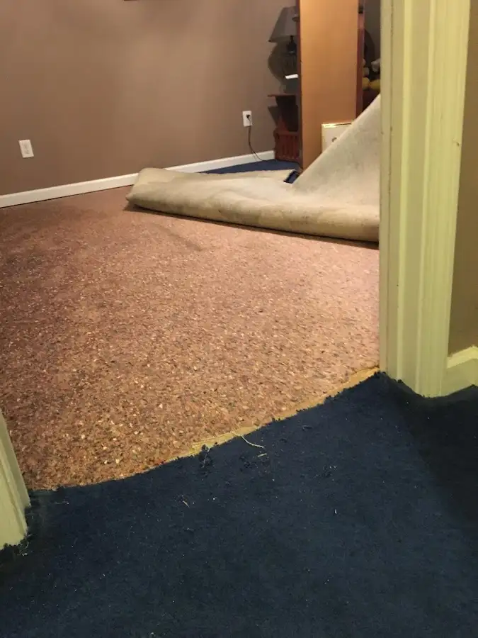 Carpet pad removal revealing water damage during Water Mitigation Services in Farmville
